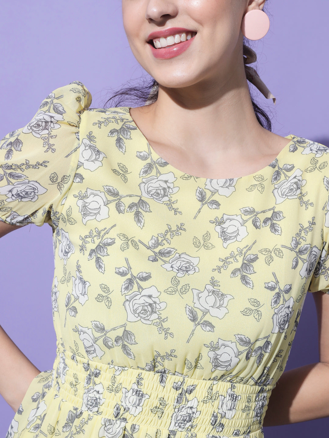 Yellow Floral Georgette Fit and Flared Midi Dress