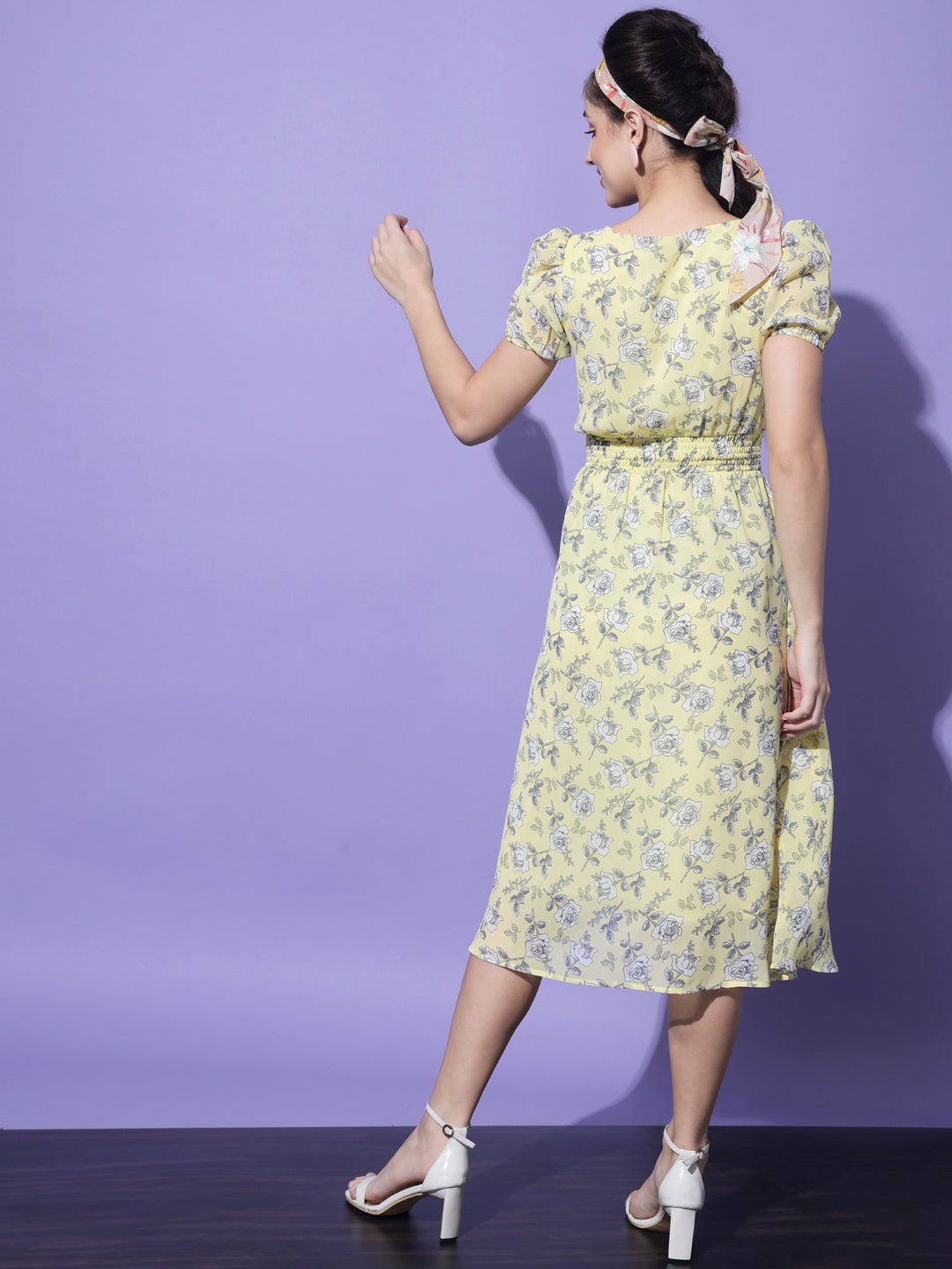 Yellow Floral Georgette Fit and Flared Midi Dress