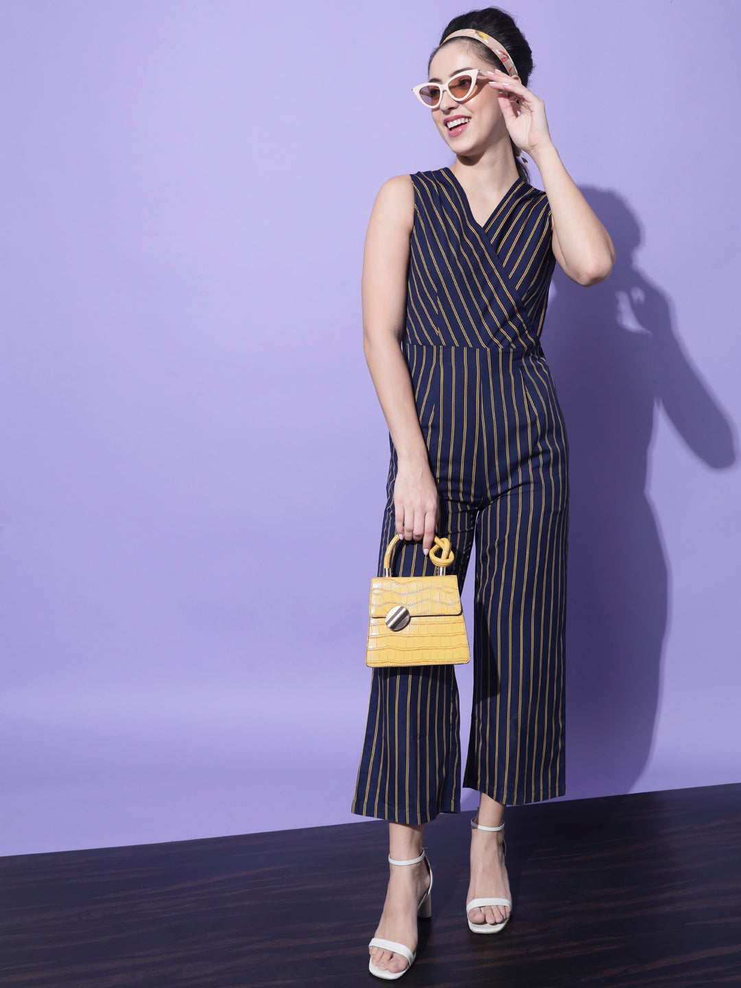 Navy Blue & Yellow Striped Basic Jumpsuit