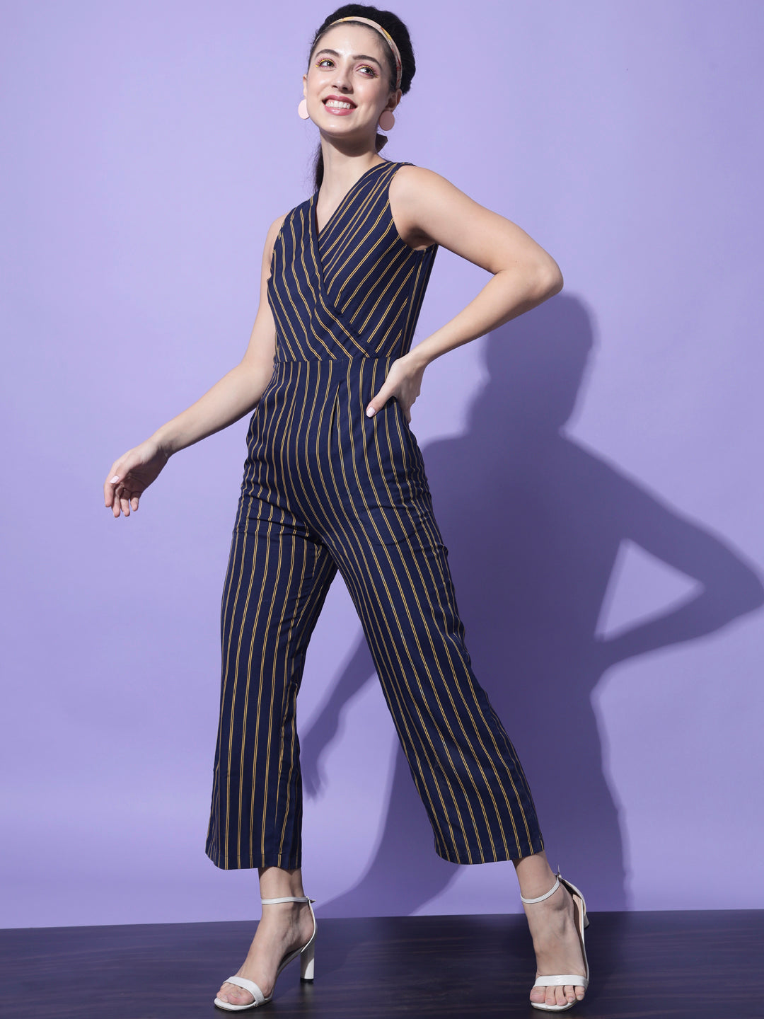 Navy Blue & Yellow Striped Basic Jumpsuit