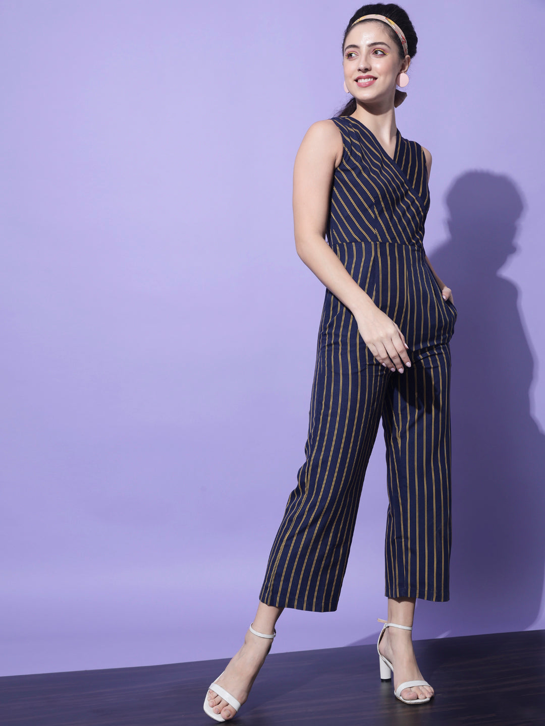 Navy Blue & Yellow Striped Basic Jumpsuit