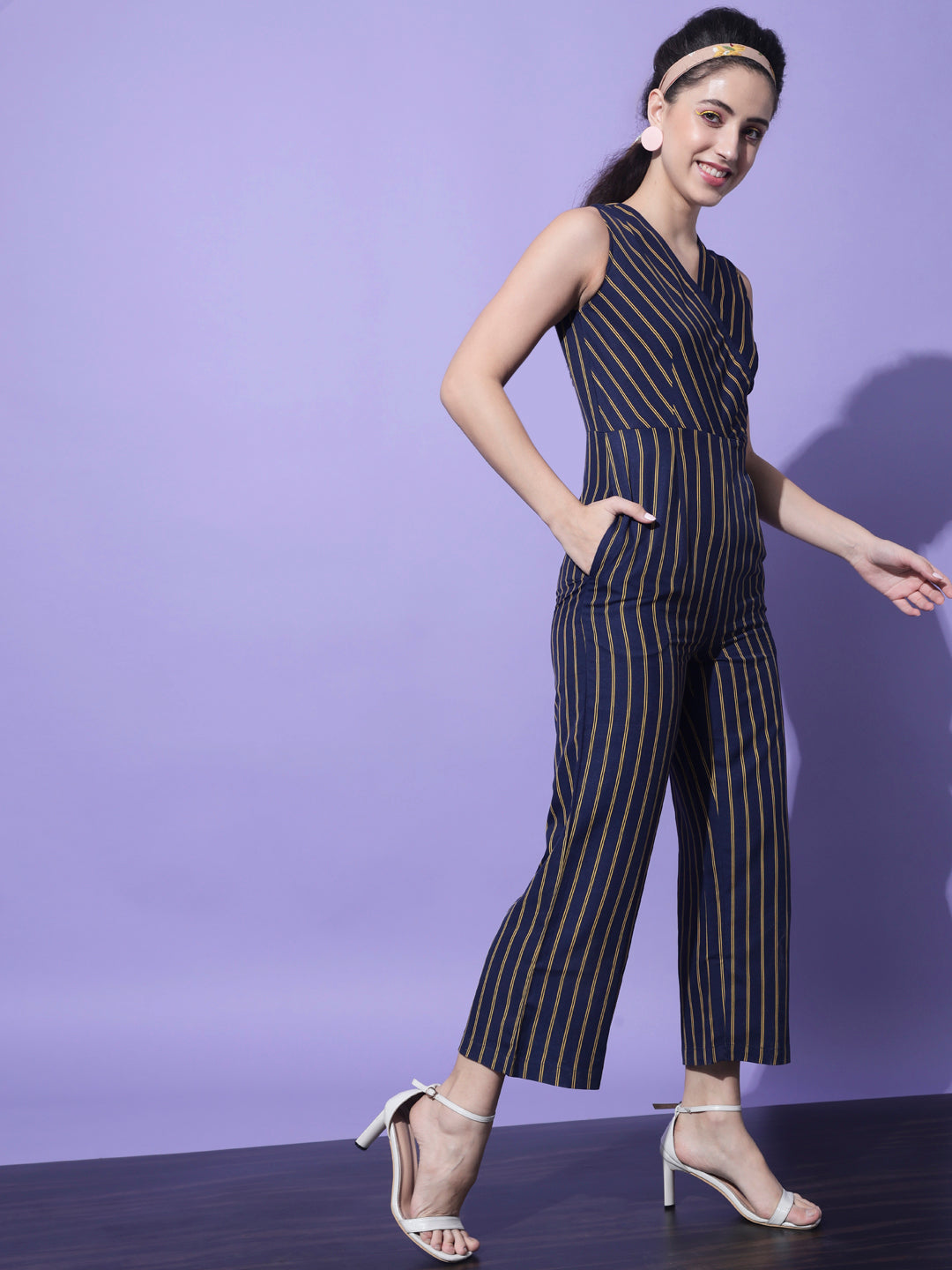 Navy Blue & Yellow Striped Basic Jumpsuit