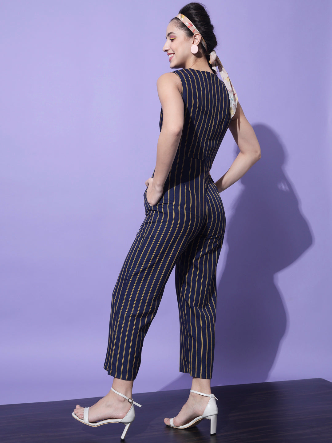 Navy Blue & Yellow Striped Basic Jumpsuit