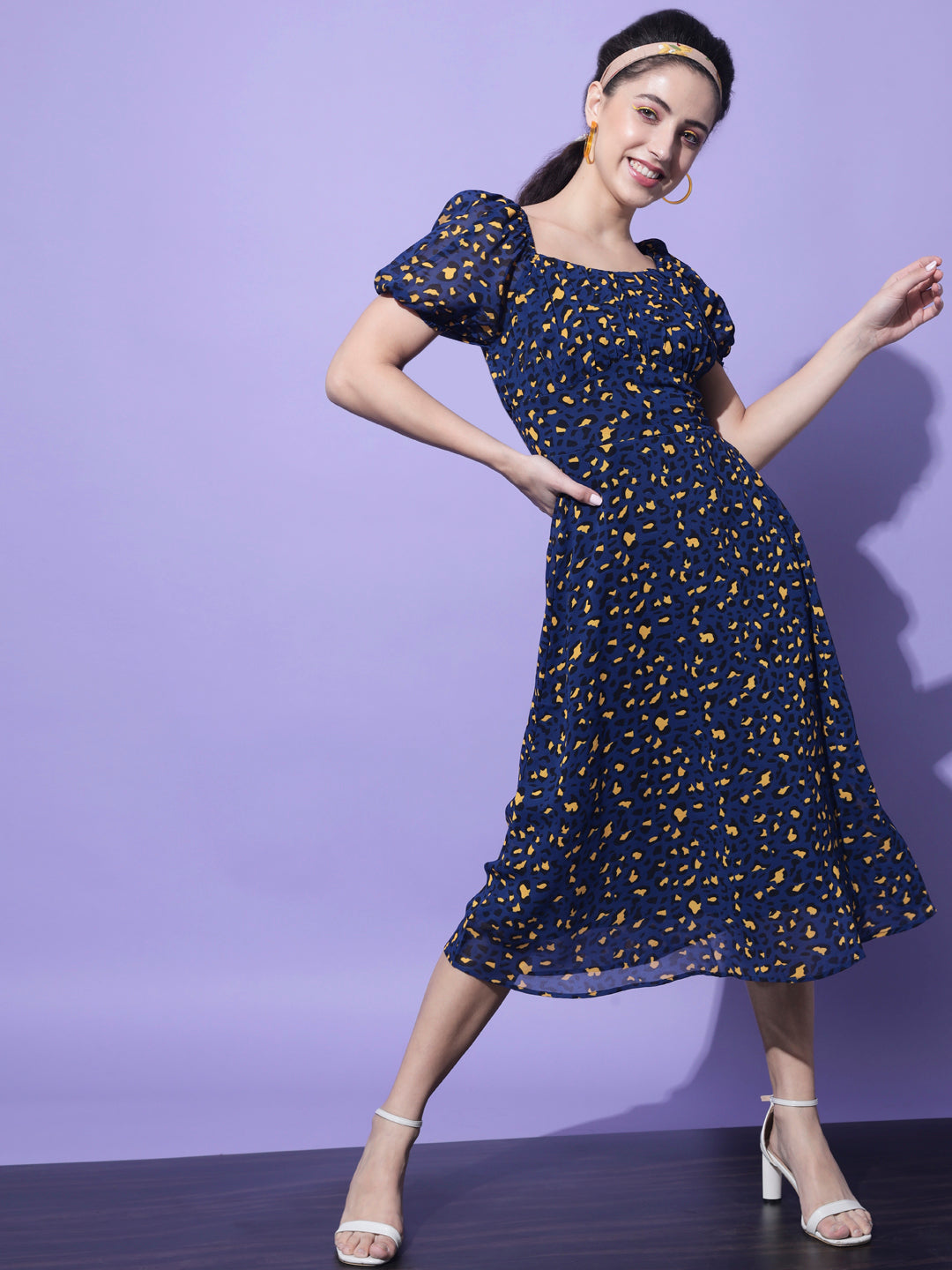 Navy Blue & Yellow Georgette Abstract Fit and Flared Midi Dress