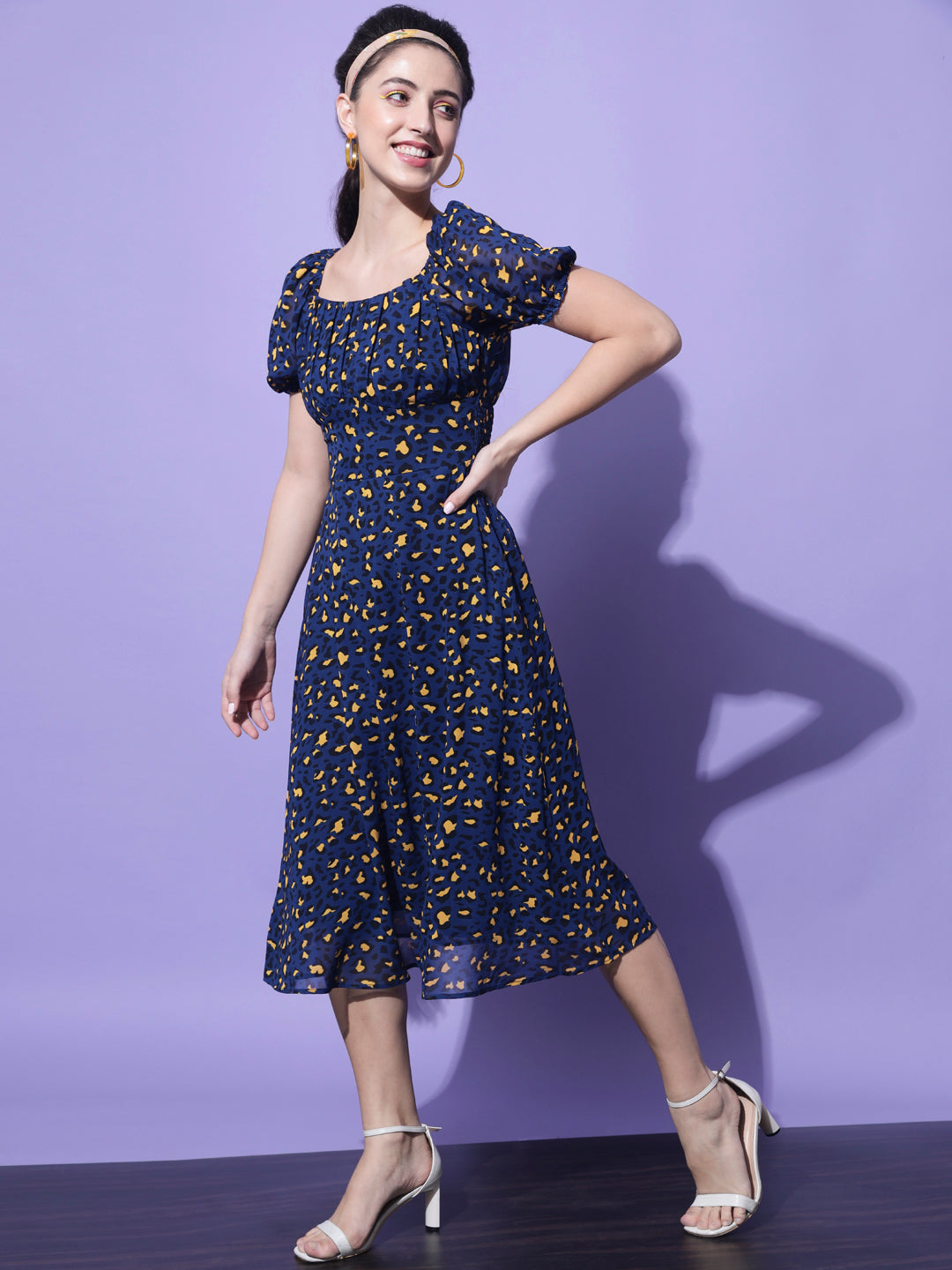 Navy Blue & Yellow Georgette Abstract Fit and Flared Midi Dress