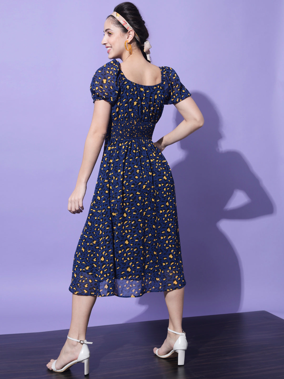 Navy Blue & Yellow Georgette Abstract Fit and Flared Midi Dress