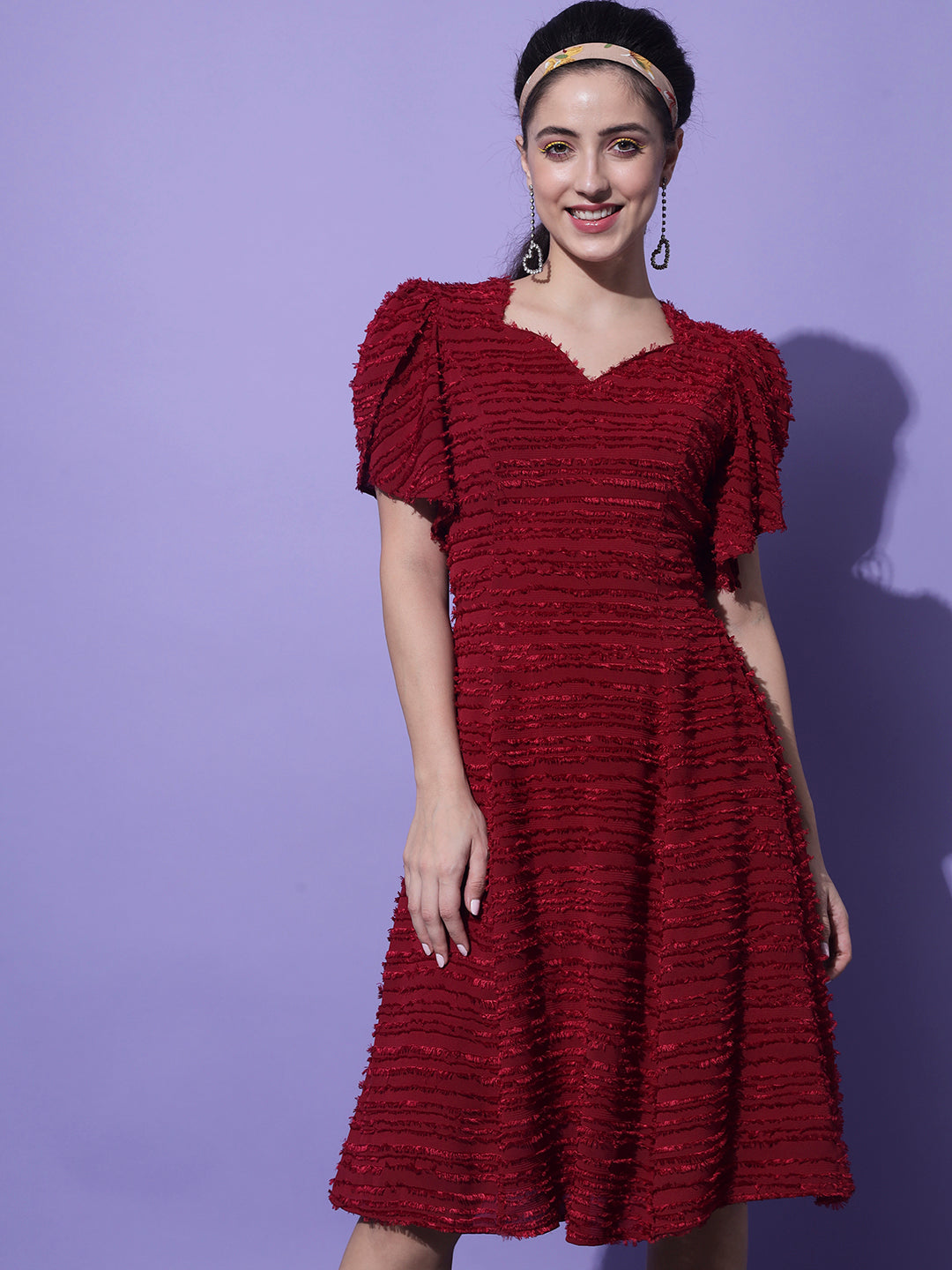 Women Maroon Sweetheart Neck Dress