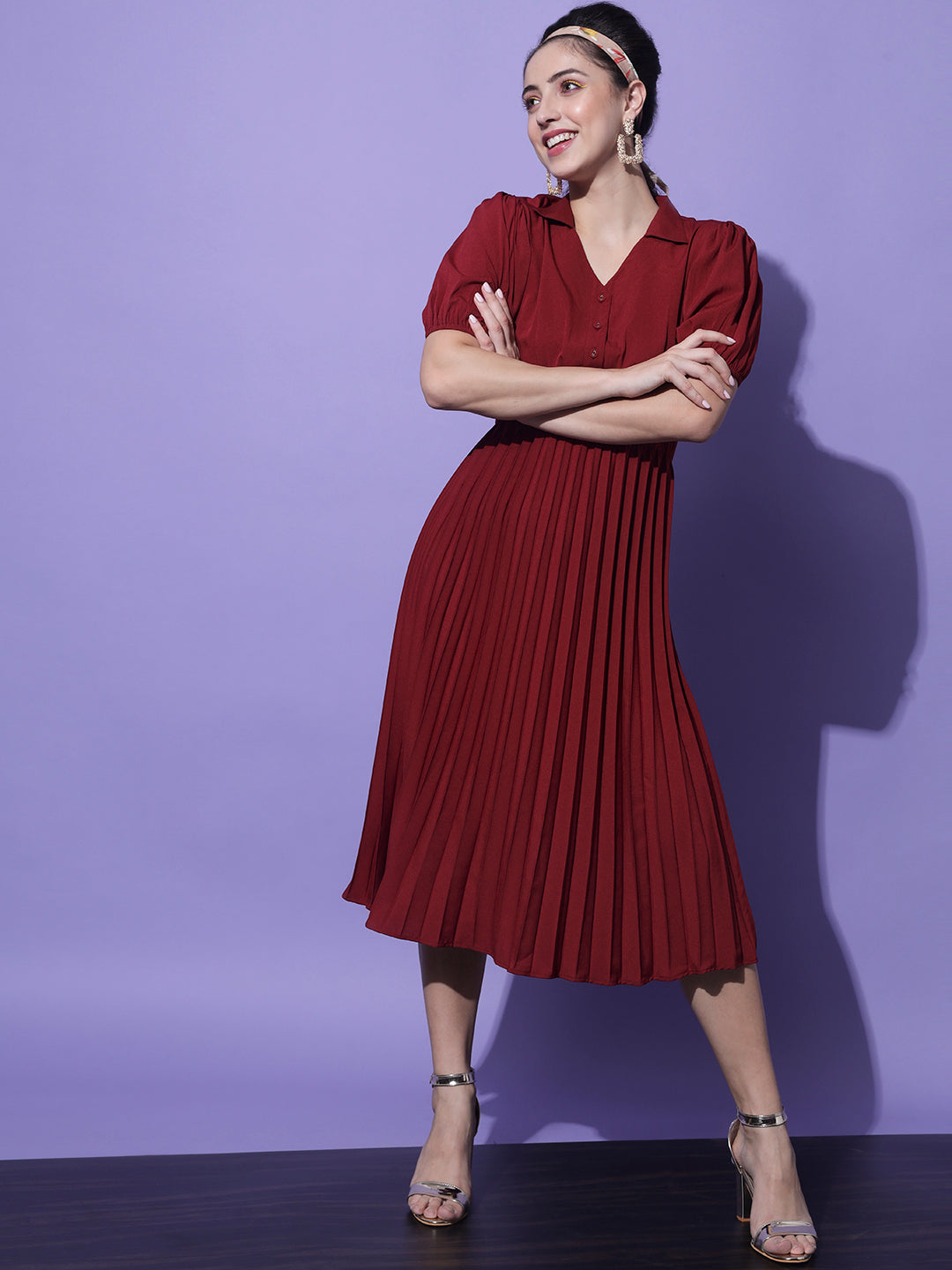 Women Maroon Crepe Midi Dress