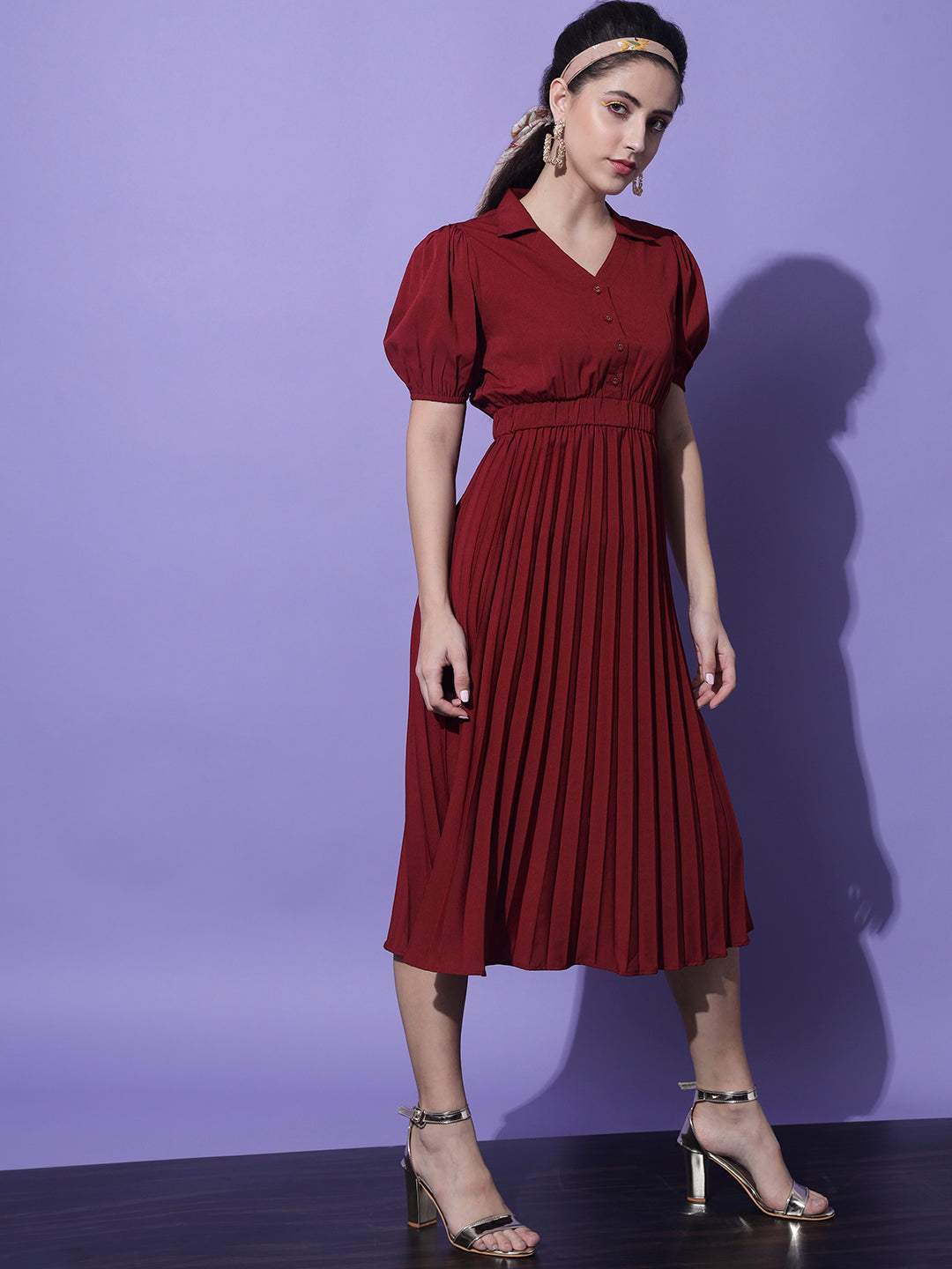 Women Maroon & Navy Blue Crepe Midi Dress (Pack Of 2)