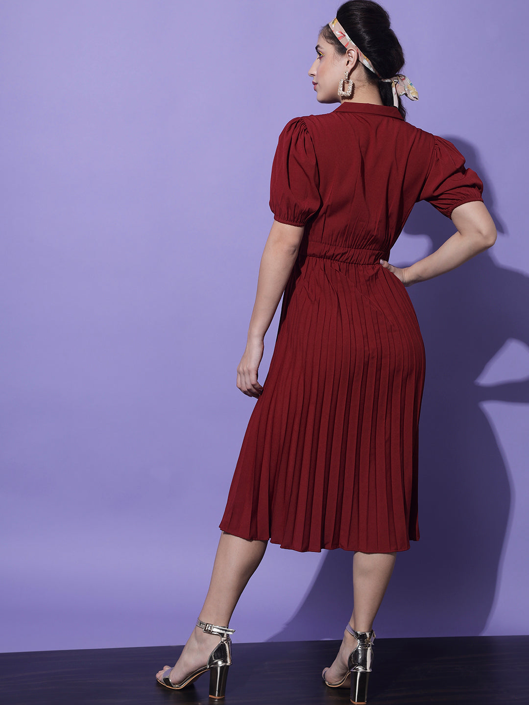 Women Maroon Crepe Midi Dress