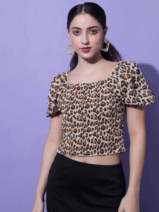 Cream-Coloured & Black Animal Printed Crop Top