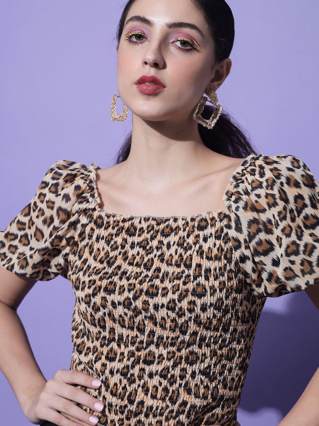 Cream-Coloured & Black Animal Printed Crop Top