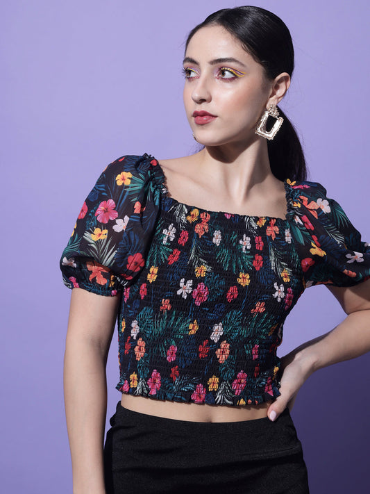 Multicolored Floral Printed Smocking Crop Top