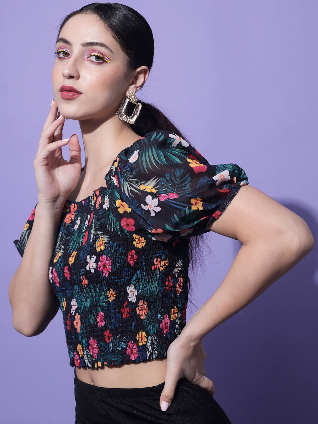 Multicolored Floral Printed Smocking Crop Top