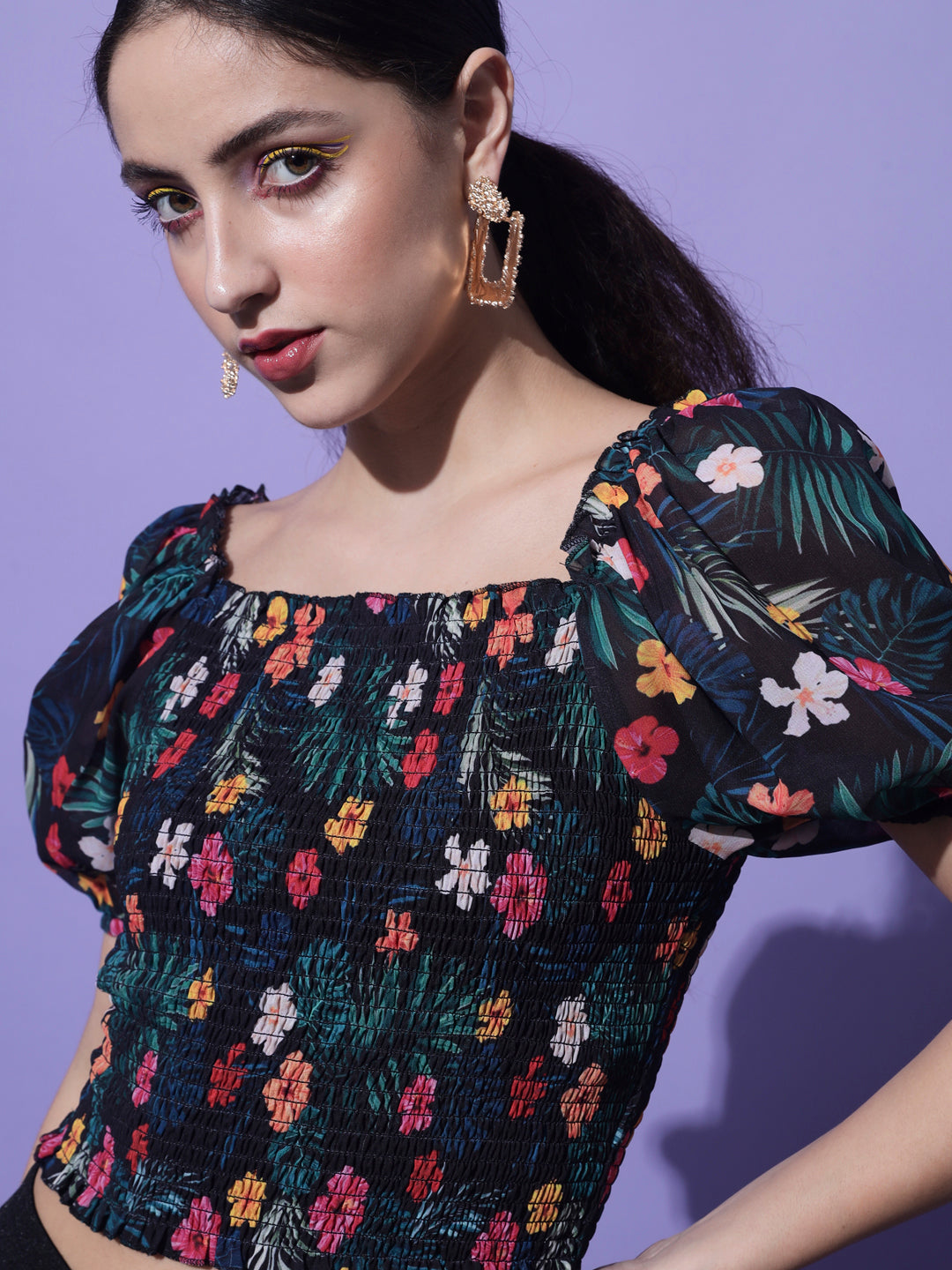 Multicolored Floral Printed Smocking Crop Top