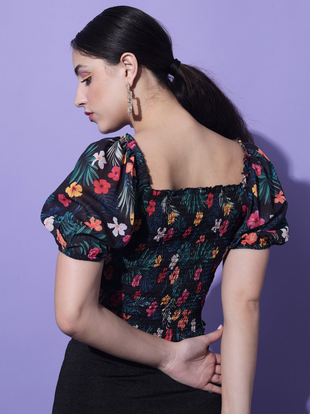 Multicolored Floral Printed Smocking Crop Top