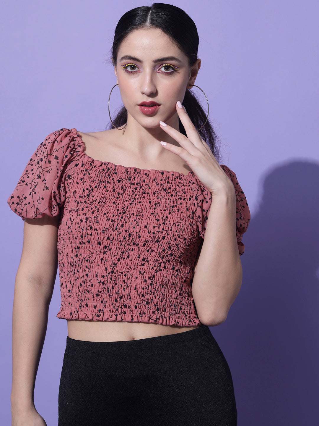 Peach & Black Colored Floral Print Georgette Crop Top