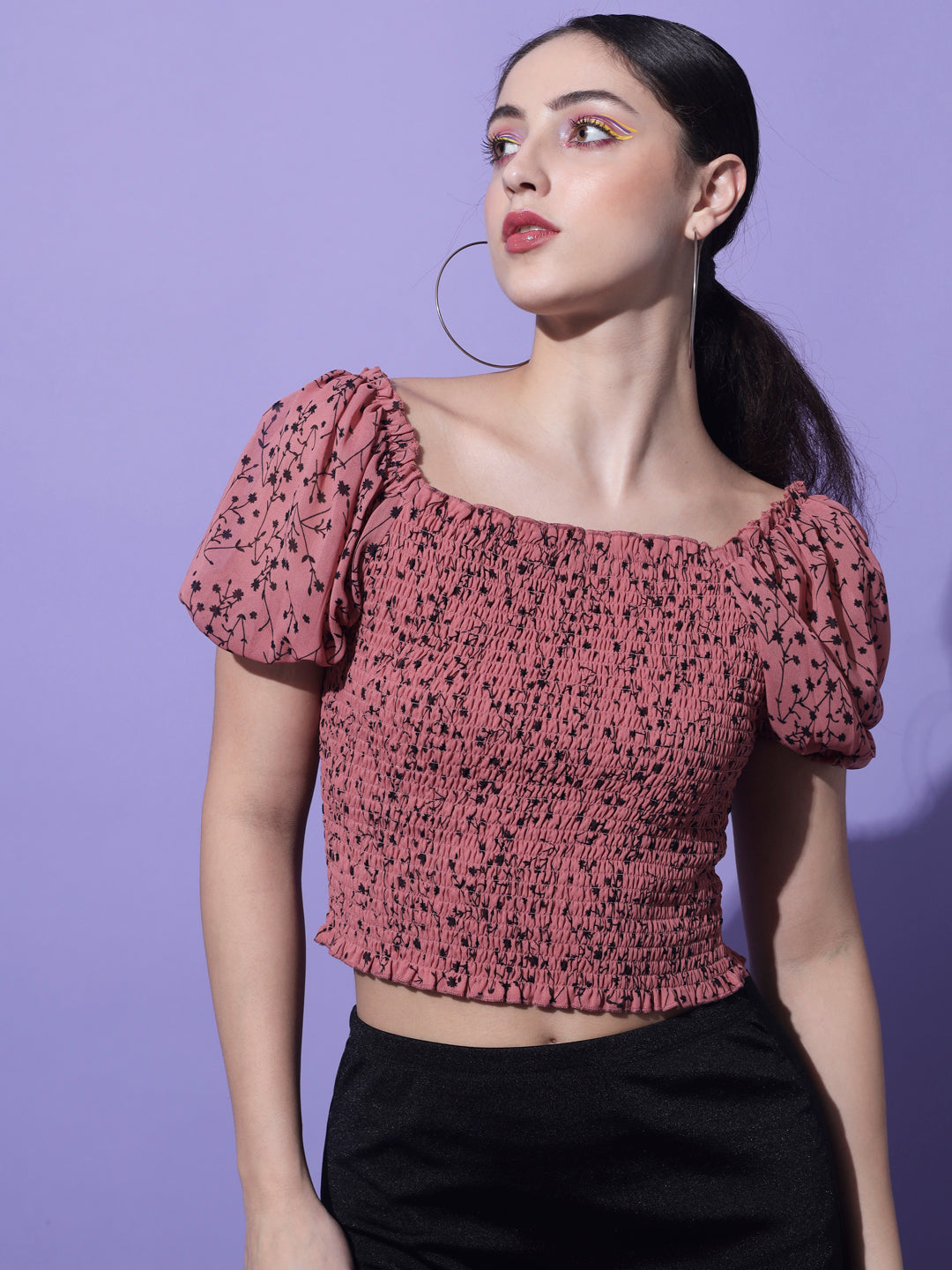 Peach & Black Colored Floral Print Georgette Crop Top