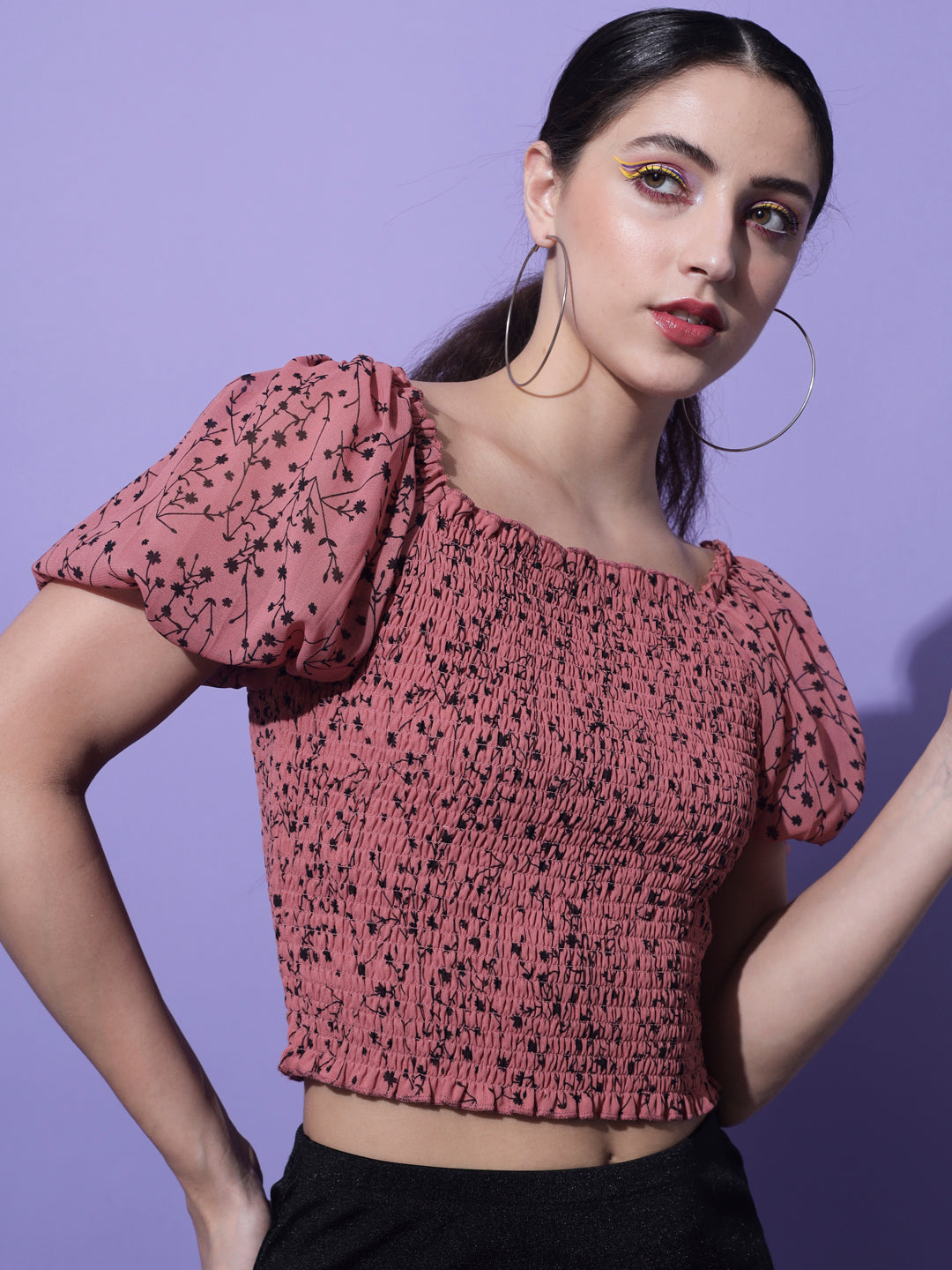 Peach & Black Colored Floral Print Georgette Crop Top