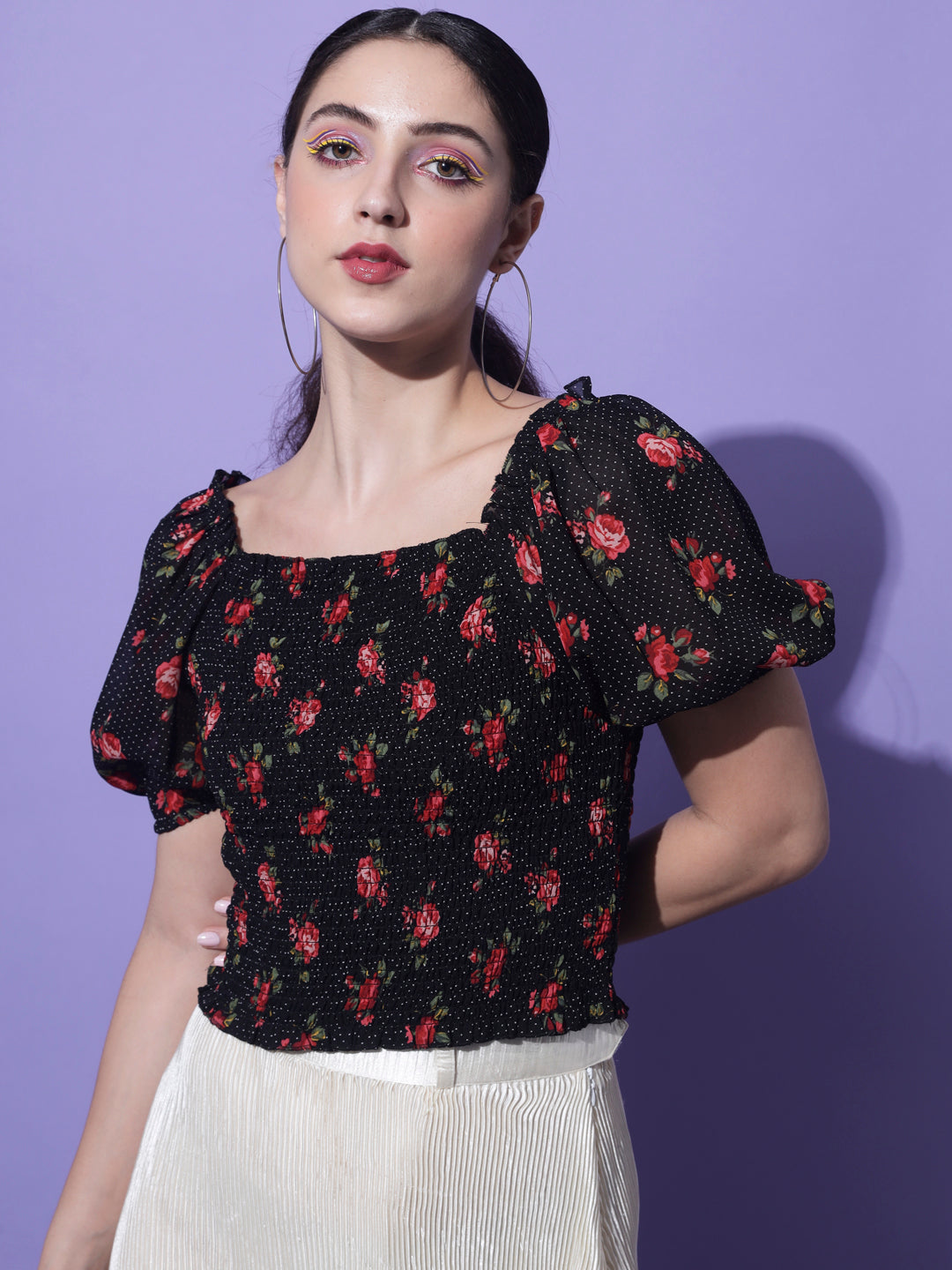 Black Floral Printed Smocking Crop Top