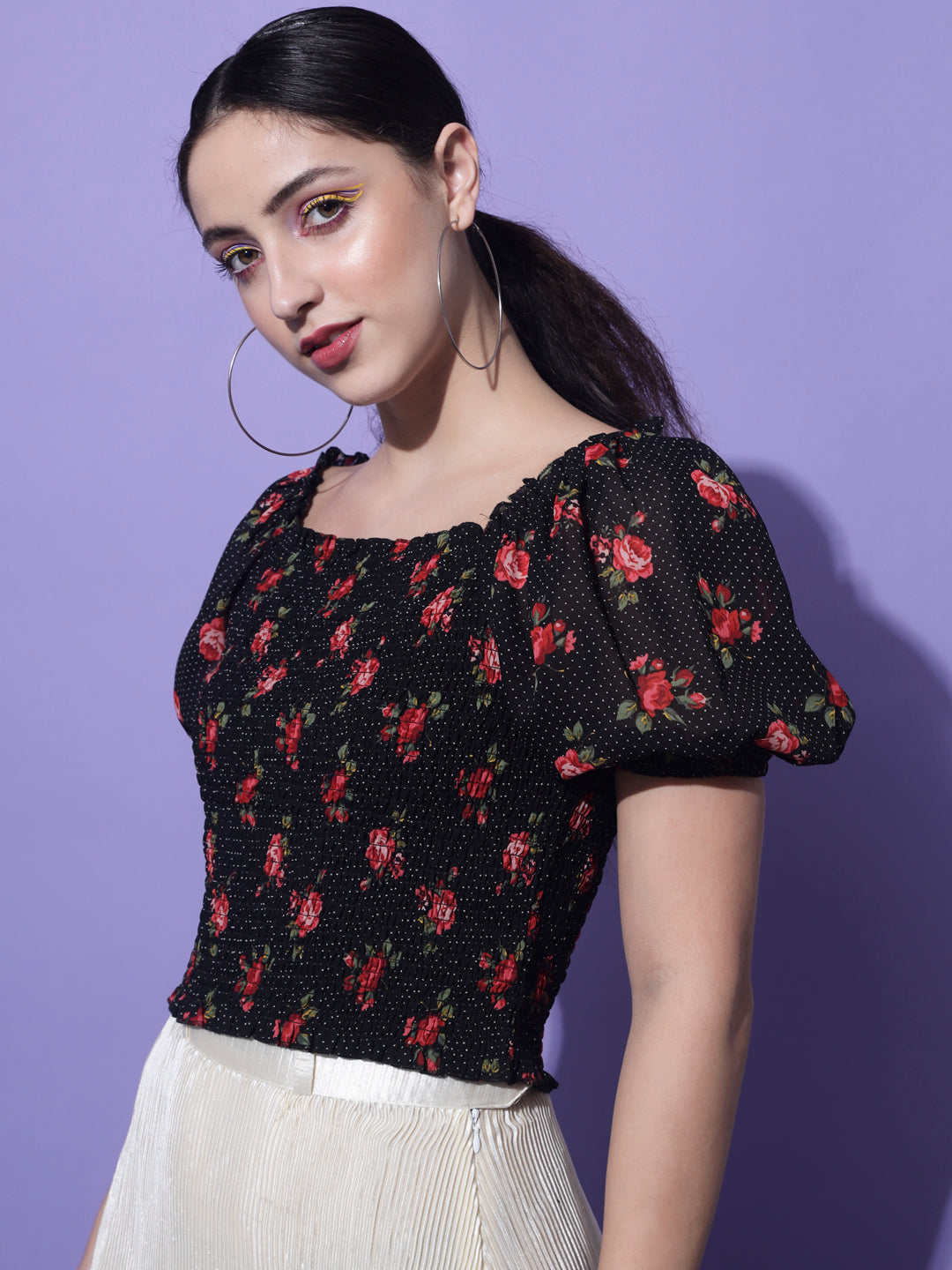 Black Floral Printed Smocking Crop Top