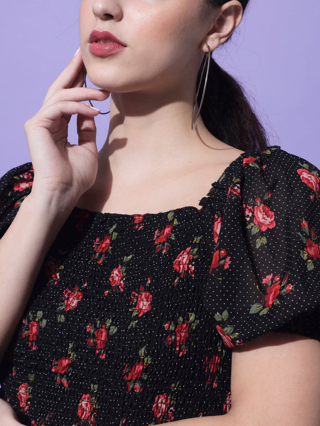 Black Floral Printed Smocking Crop Top