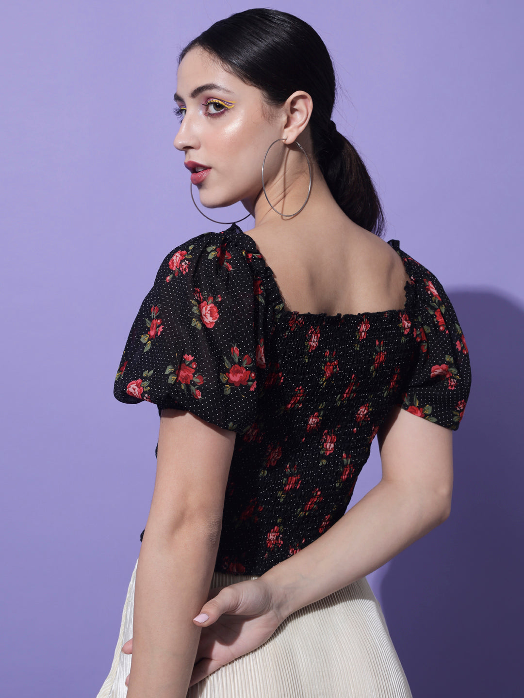 Black Floral Printed Smocking Crop Top