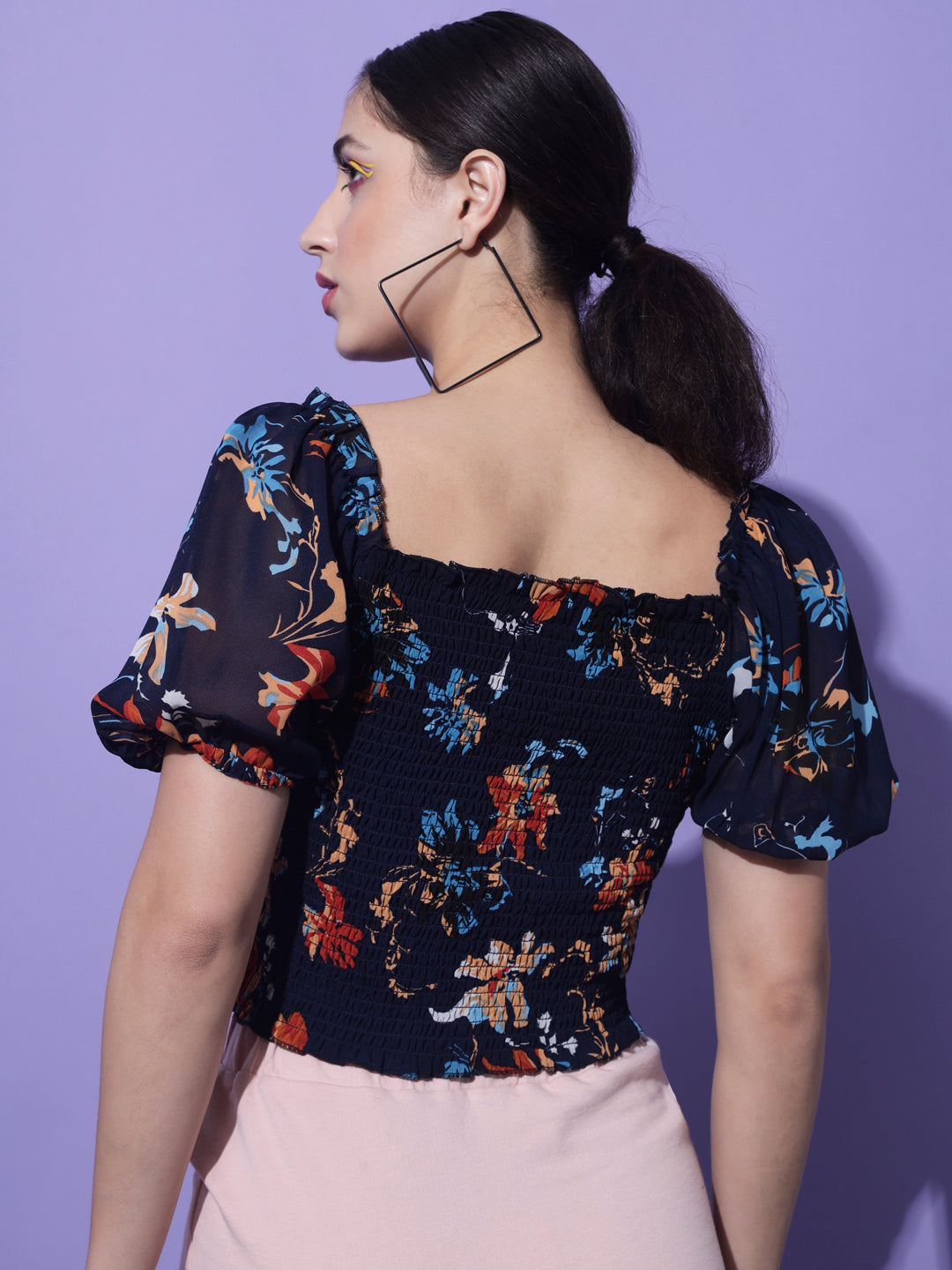 Navy Blue Floral Printed Smocking Crop Top