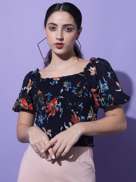 Navy Blue Floral Printed Smocking Crop Top