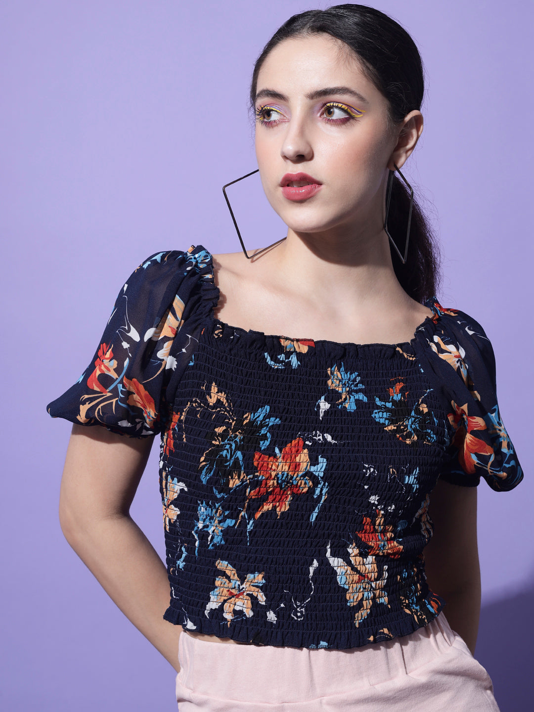 Navy Blue Floral Printed Smocking Crop Top