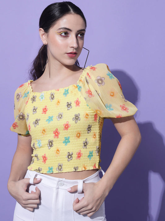 Women Yellow & Red Floral Print Georgette Crop Top