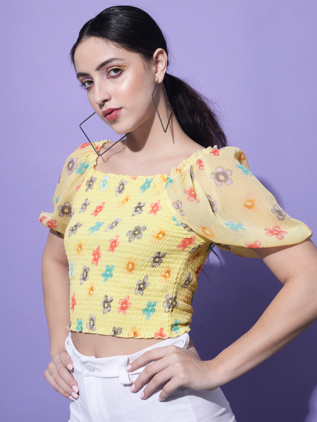 Women Yellow & Red Floral Print Georgette Crop Top