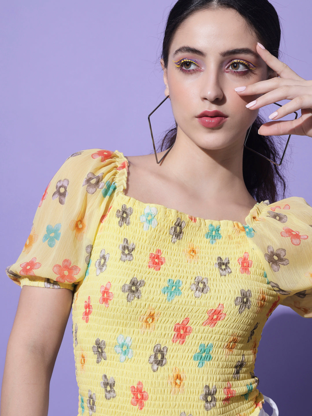 Women Yellow & Red Floral Print Georgette Crop Top