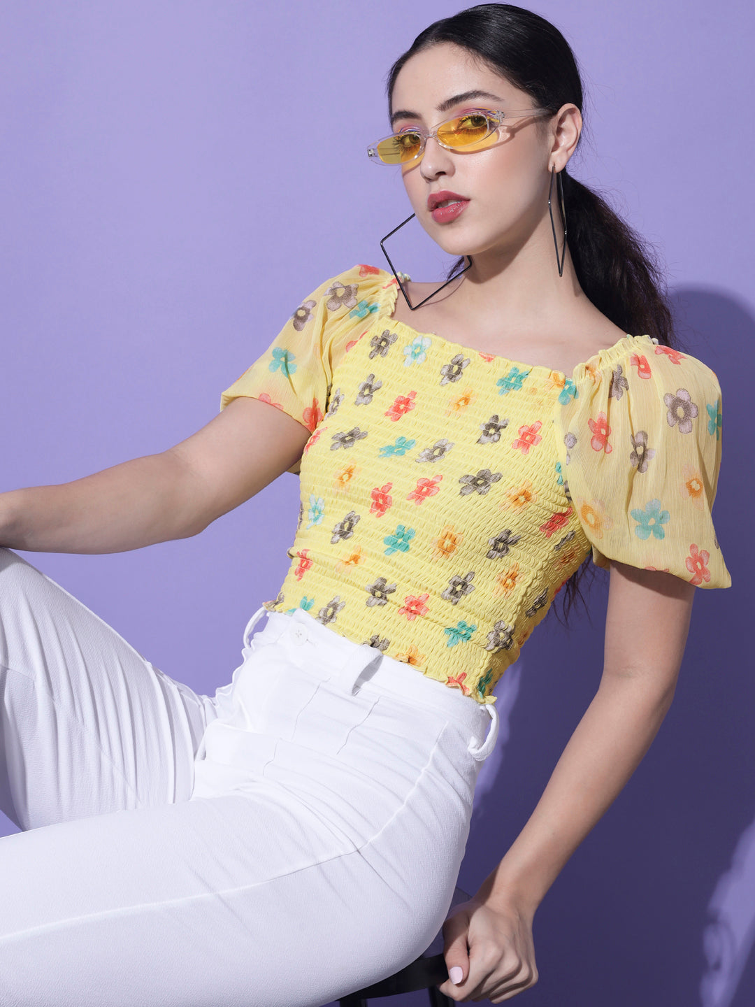 Women Yellow & Red Floral Print Georgette Crop Top