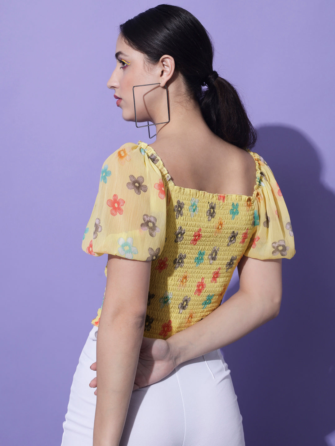 Women Yellow & Red Floral Print Georgette Crop Top