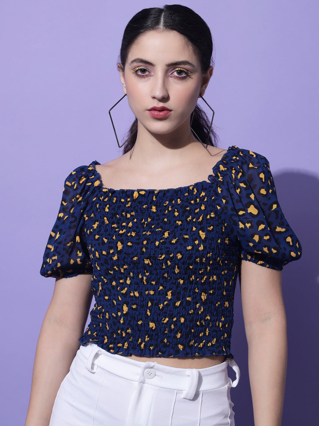 Women Blue & Black Print Georgette Crop Top