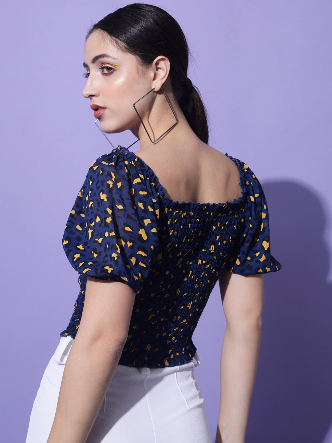 Women Blue & Black Print Georgette Crop Top